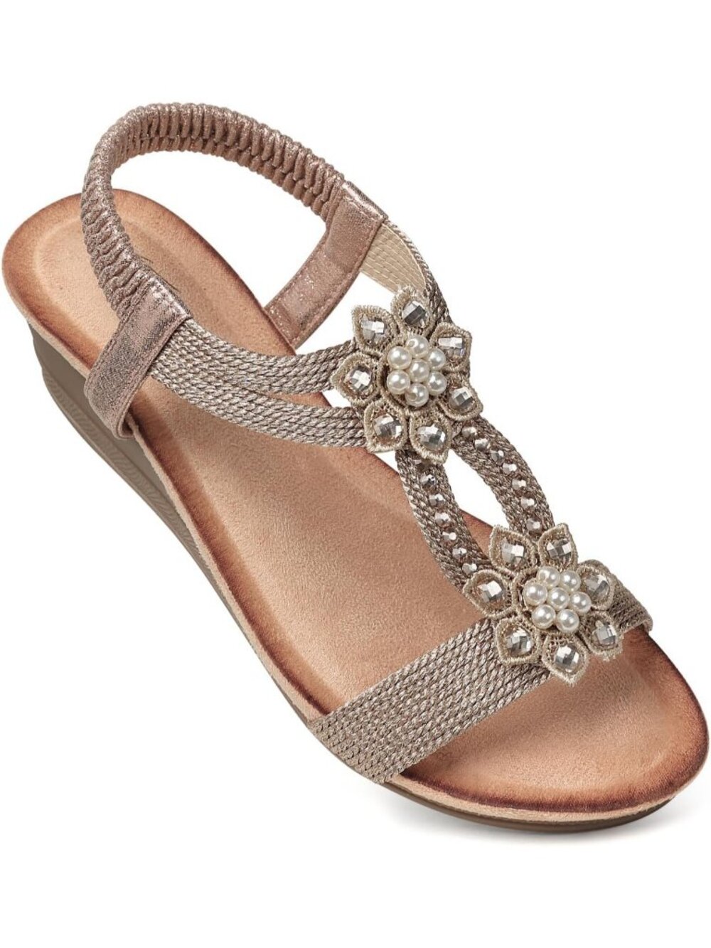 Women's Champagne Pearl Rhinestone Elastic Strap Open Toe Low Heel Wedge Sandals
